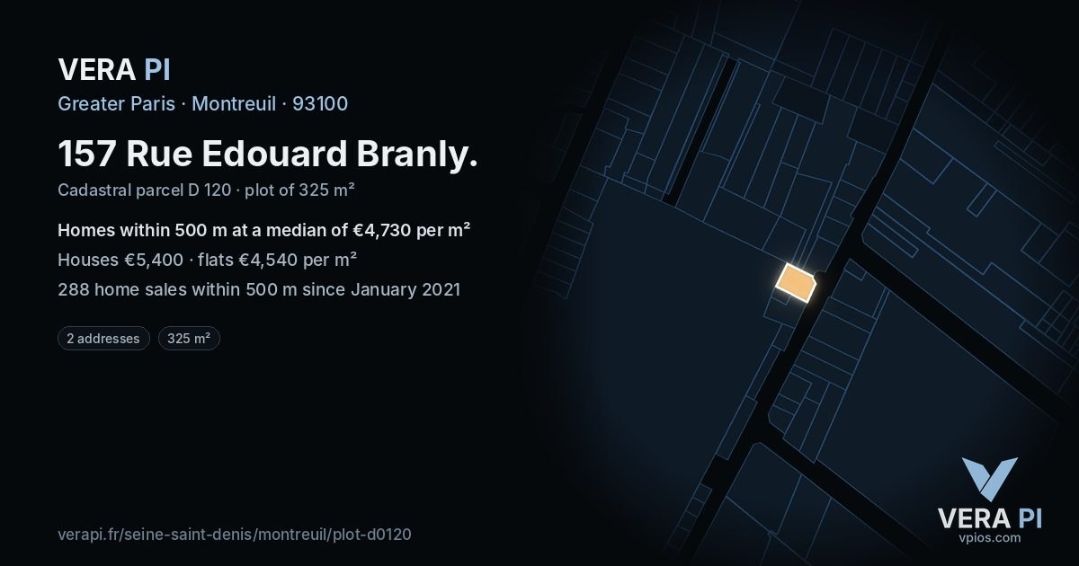 157 Rue Edouard Branly, Montreuil at night – the plot lit, the parcels around coloured by the prices near them