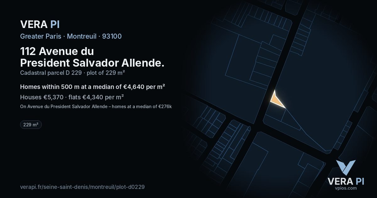 112 Avenue du President Salvador Allende, Montreuil at night – the plot lit, the parcels around coloured by the prices near them