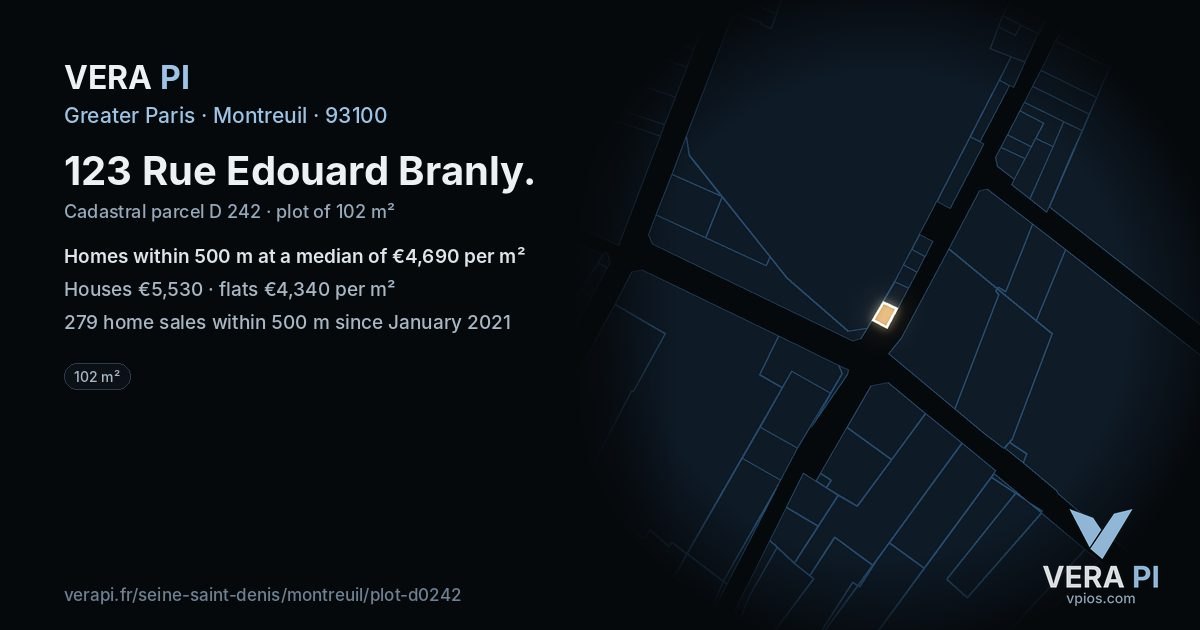 123 Rue Edouard Branly, Montreuil at night – the plot lit, the parcels around coloured by the prices near them