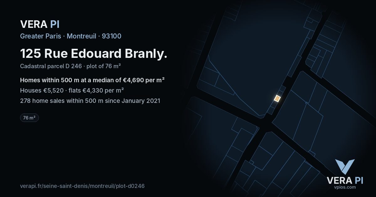 125 Rue Edouard Branly, Montreuil at night – the plot lit, the parcels around coloured by the prices near them