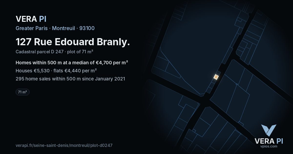 127 Rue Edouard Branly, Montreuil at night – the plot lit, the parcels around coloured by the prices near them