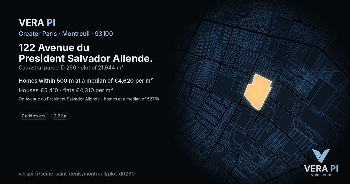 122 Avenue du President Salvador Allende, Montreuil at night – the plot lit, the parcels around coloured by the prices near them