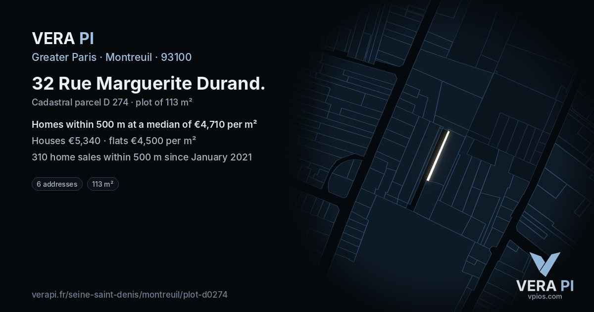 32 Rue Marguerite Durand, Montreuil at night – the plot lit, the parcels around coloured by the prices near them