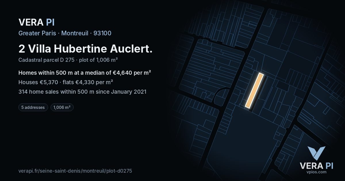 2 Villa Hubertine Auclert, Montreuil at night – the plot lit, the parcels around coloured by the prices near them
