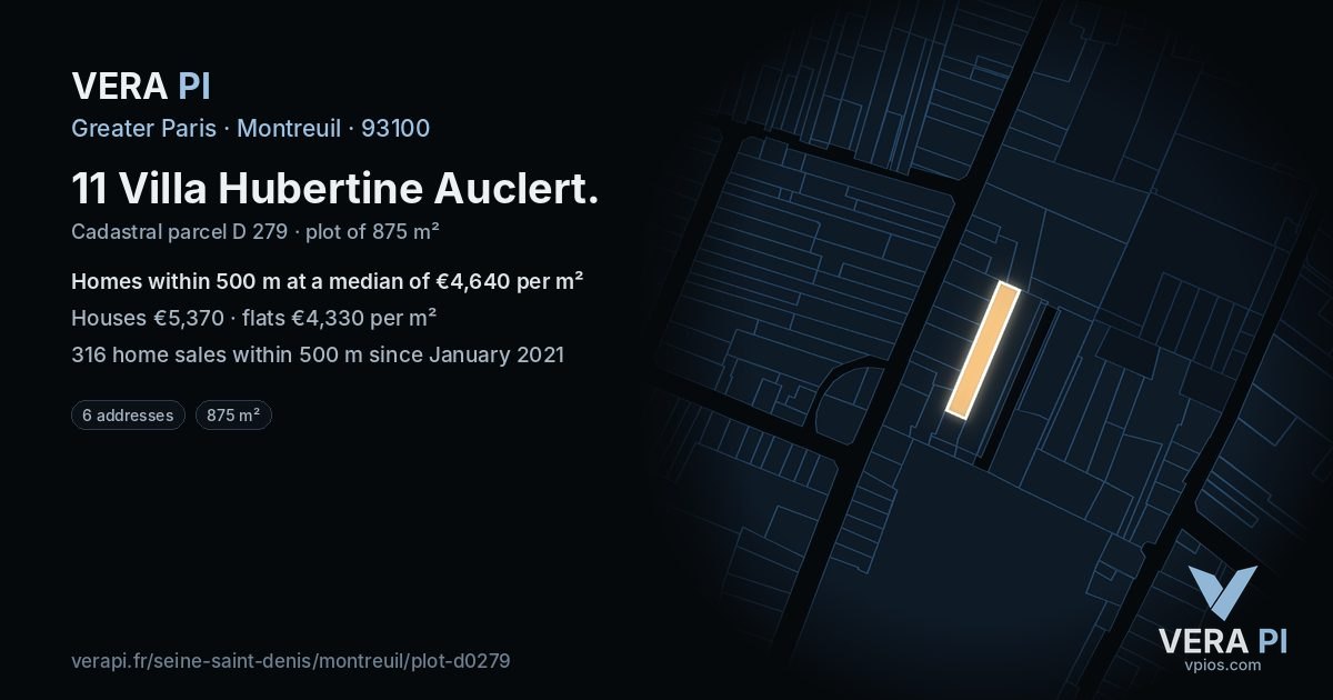11 Villa Hubertine Auclert, Montreuil at night – the plot lit, the parcels around coloured by the prices near them