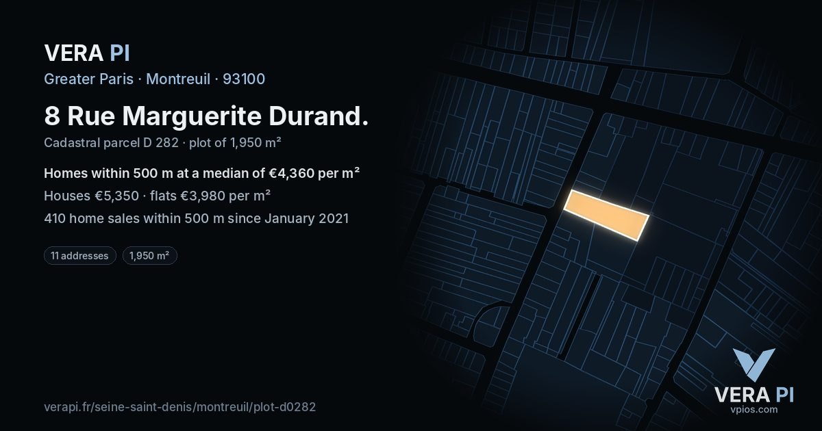 8 Rue Marguerite Durand, Montreuil at night – the plot lit, the parcels around coloured by the prices near them
