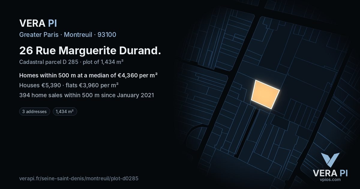 26 Rue Marguerite Durand, Montreuil at night – the plot lit, the parcels around coloured by the prices near them