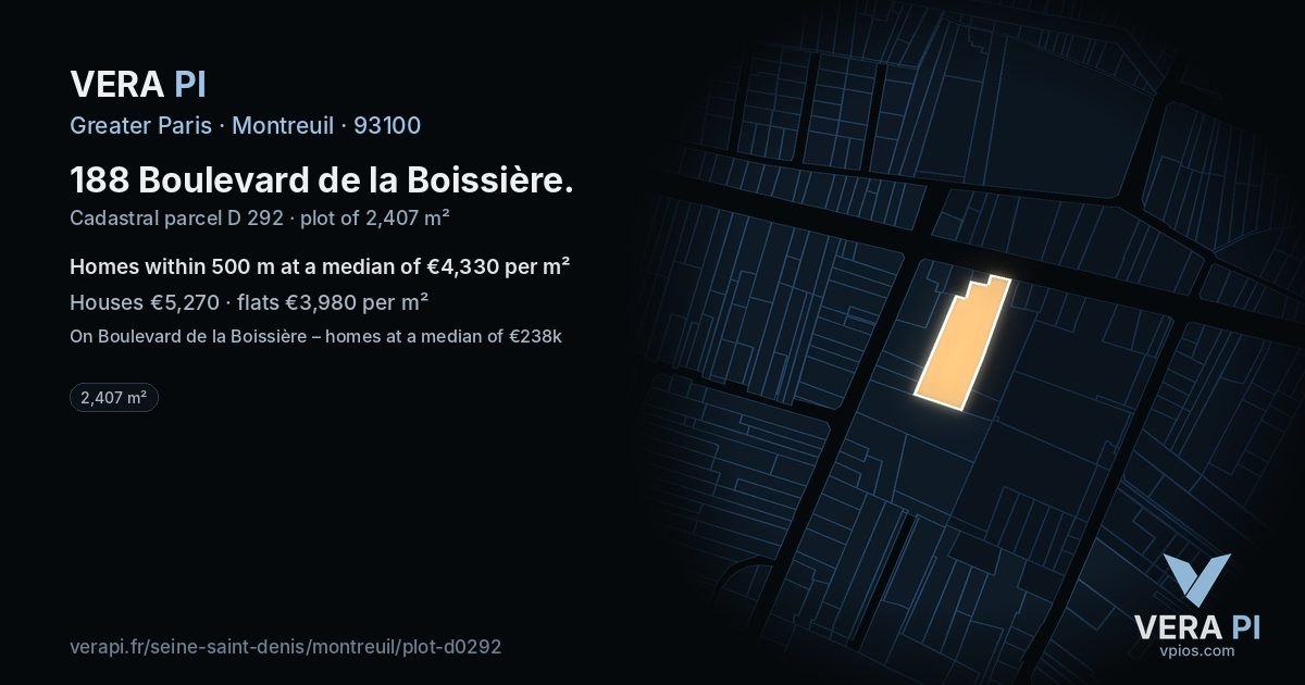 188 Boulevard de la Boissière, Montreuil at night – the plot lit, the parcels around coloured by the prices near them