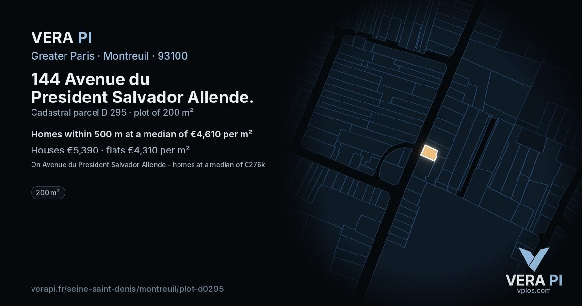 144 Avenue du President Salvador Allende, Montreuil at night – the plot lit, the parcels around coloured by the prices near them