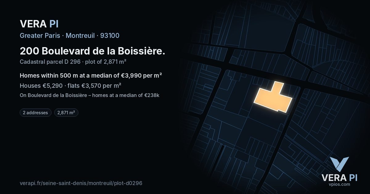 200 Boulevard de la Boissière, Montreuil at night – the plot lit, the parcels around coloured by the prices near them