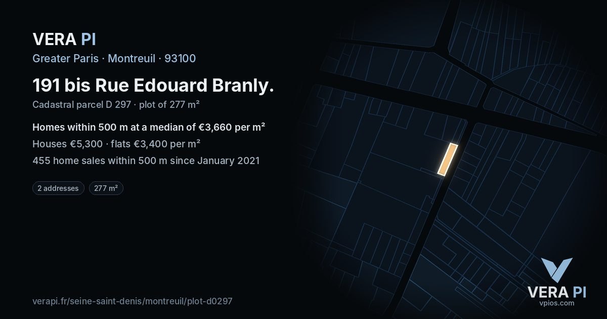 191 bis Rue Edouard Branly, Montreuil at night – the plot lit, the parcels around coloured by the prices near them