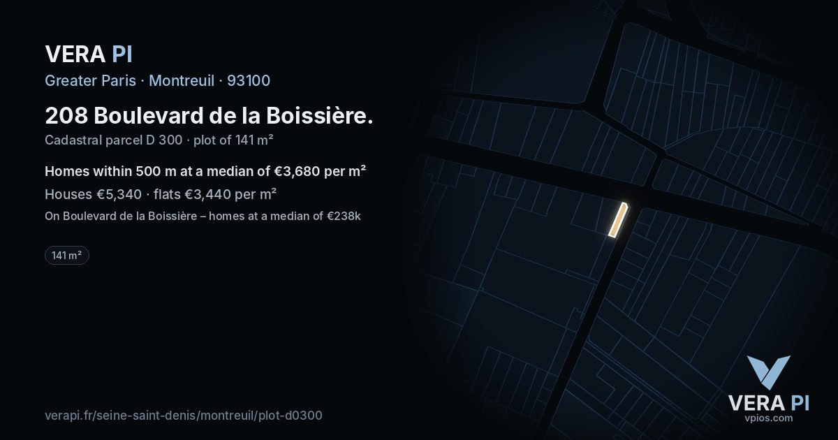208 Boulevard de la Boissière, Montreuil at night – the plot lit, the parcels around coloured by the prices near them