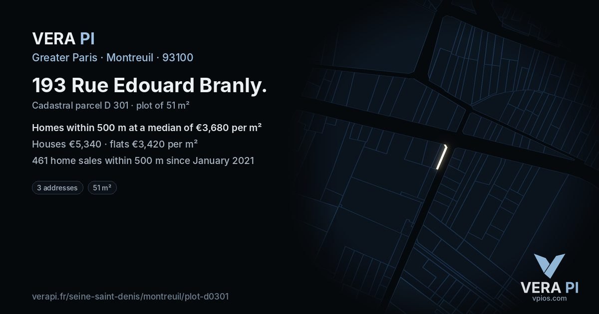 193 Rue Edouard Branly, Montreuil at night – the plot lit, the parcels around coloured by the prices near them