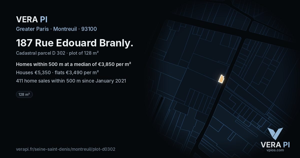 187 Rue Edouard Branly, Montreuil at night – the plot lit, the parcels around coloured by the prices near them
