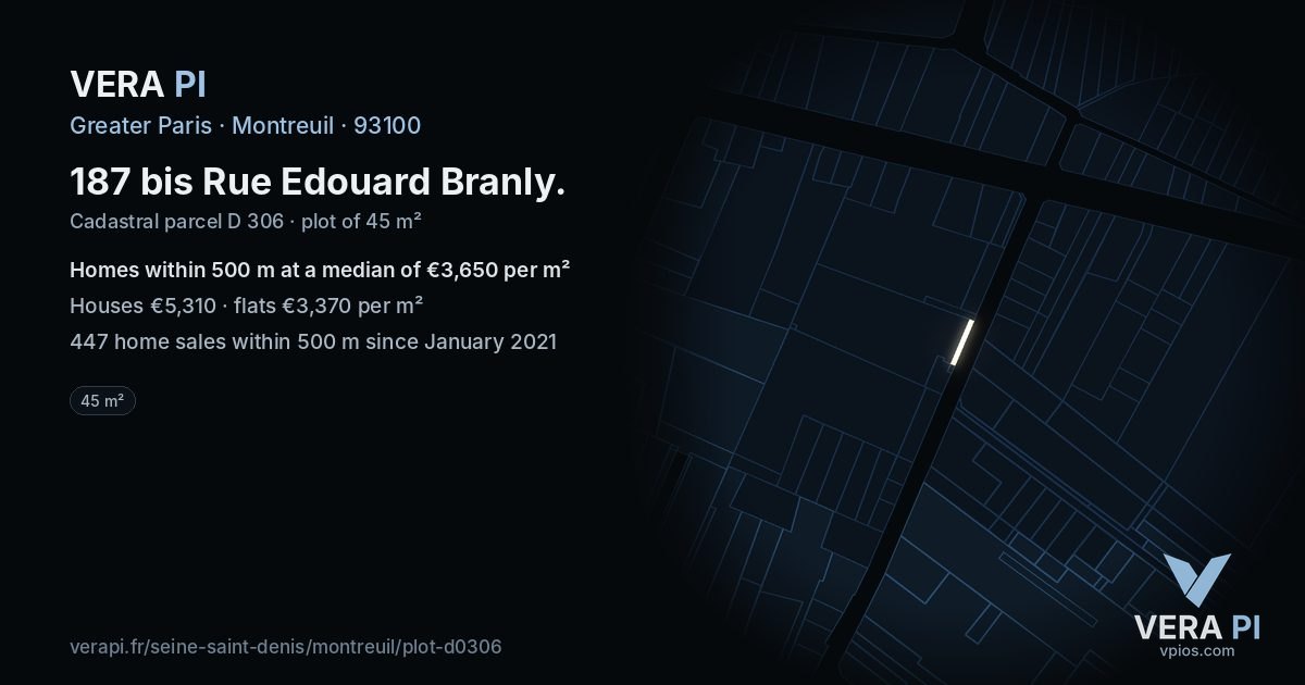 187 bis Rue Edouard Branly, Montreuil at night – the plot lit, the parcels around coloured by the prices near them