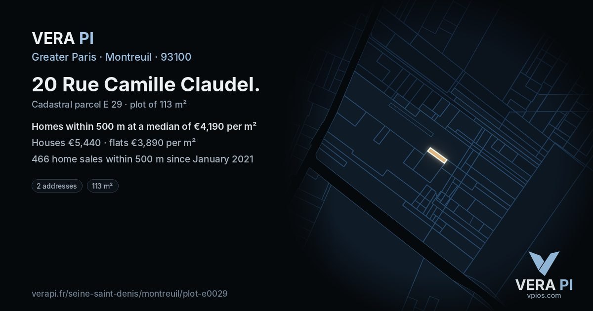 20 Rue Camille Claudel, Montreuil at night – the plot lit, the parcels around coloured by the prices near them