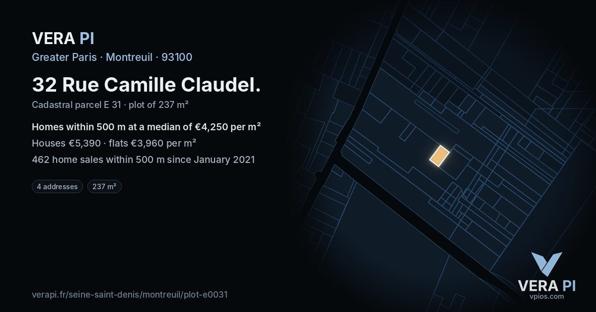 32 Rue Camille Claudel, Montreuil at night – the plot lit, the parcels around coloured by the prices near them