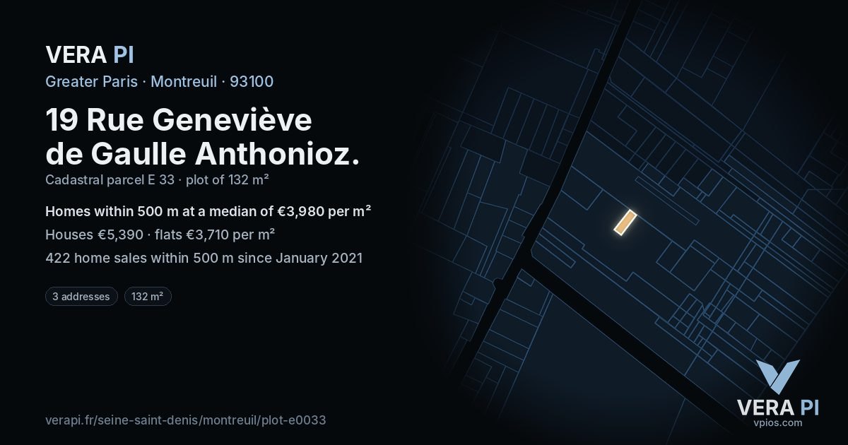 19 Rue Geneviève de Gaulle Anthonioz, Montreuil at night – the plot lit, the parcels around coloured by the prices near them