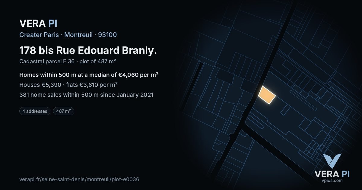 178 bis Rue Edouard Branly, Montreuil at night – the plot lit, the parcels around coloured by the prices near them