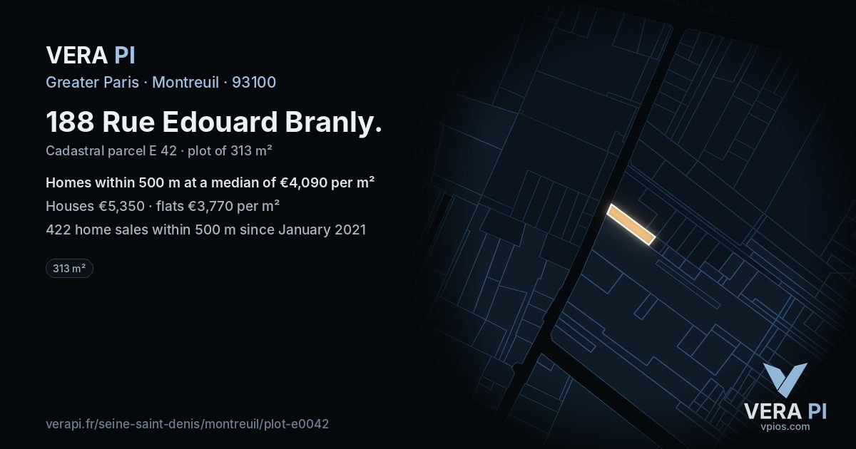 188 Rue Edouard Branly, Montreuil at night – the plot lit, the parcels around coloured by the prices near them