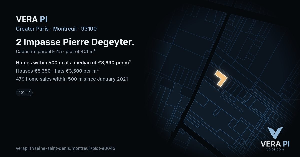2 Impasse Pierre Degeyter, Montreuil at night – the plot lit, the parcels around coloured by the prices near them