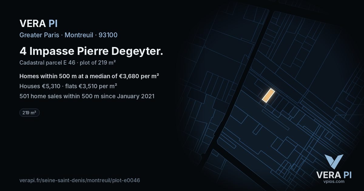 4 Impasse Pierre Degeyter, Montreuil at night – the plot lit, the parcels around coloured by the prices near them