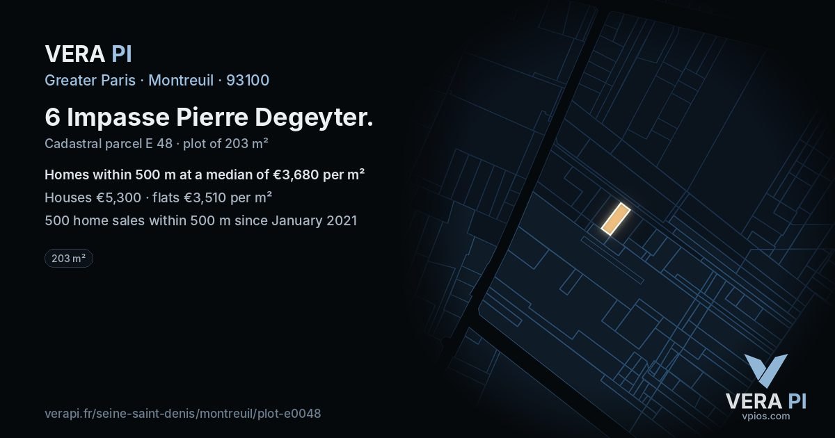 6 Impasse Pierre Degeyter, Montreuil at night – the plot lit, the parcels around coloured by the prices near them