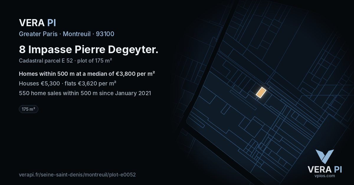 8 Impasse Pierre Degeyter, Montreuil at night – the plot lit, the parcels around coloured by the prices near them