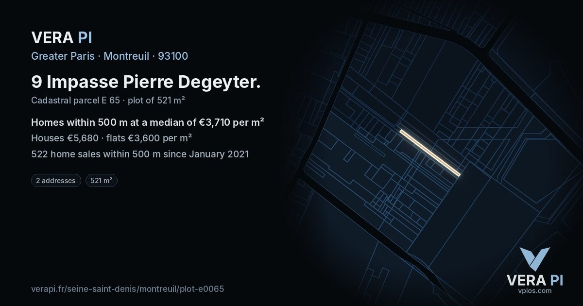 9 Impasse Pierre Degeyter, Montreuil at night – the plot lit, the parcels around coloured by the prices near them