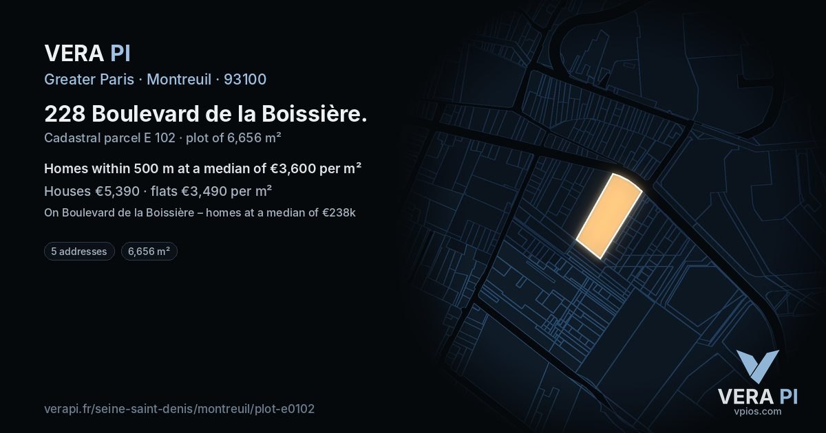 228 Boulevard de la Boissière, Montreuil at night – the plot lit, the parcels around coloured by the prices near them
