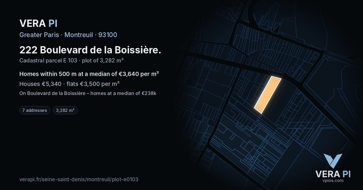 222 Boulevard de la Boissière, Montreuil at night – the plot lit, the parcels around coloured by the prices near them