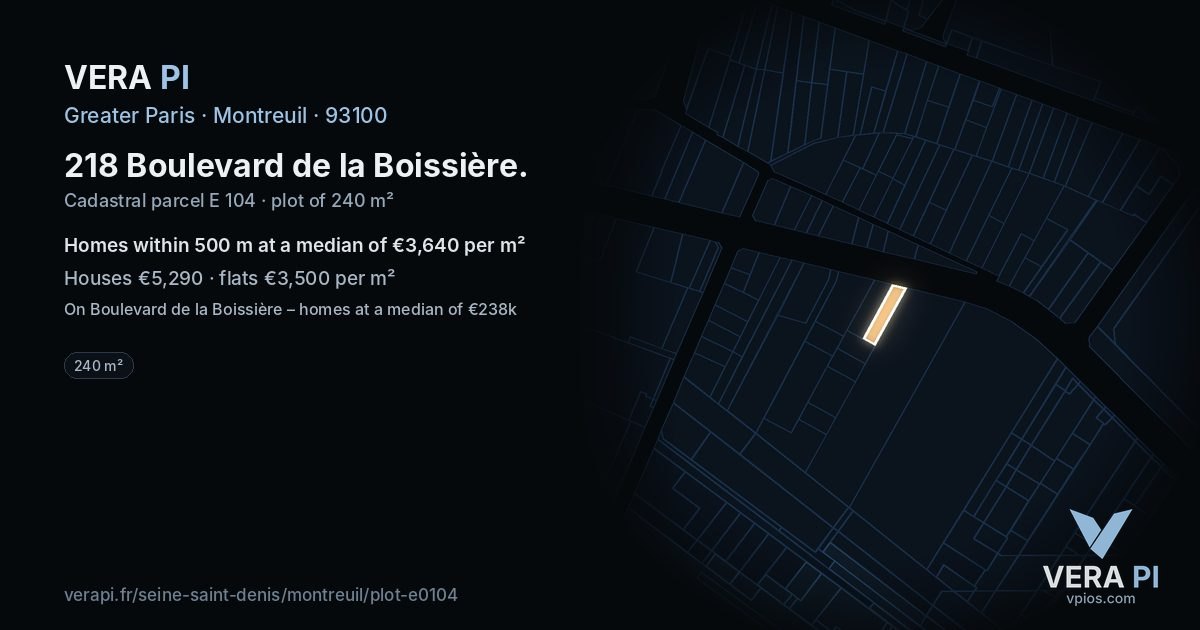 218 Boulevard de la Boissière, Montreuil at night – the plot lit, the parcels around coloured by the prices near them