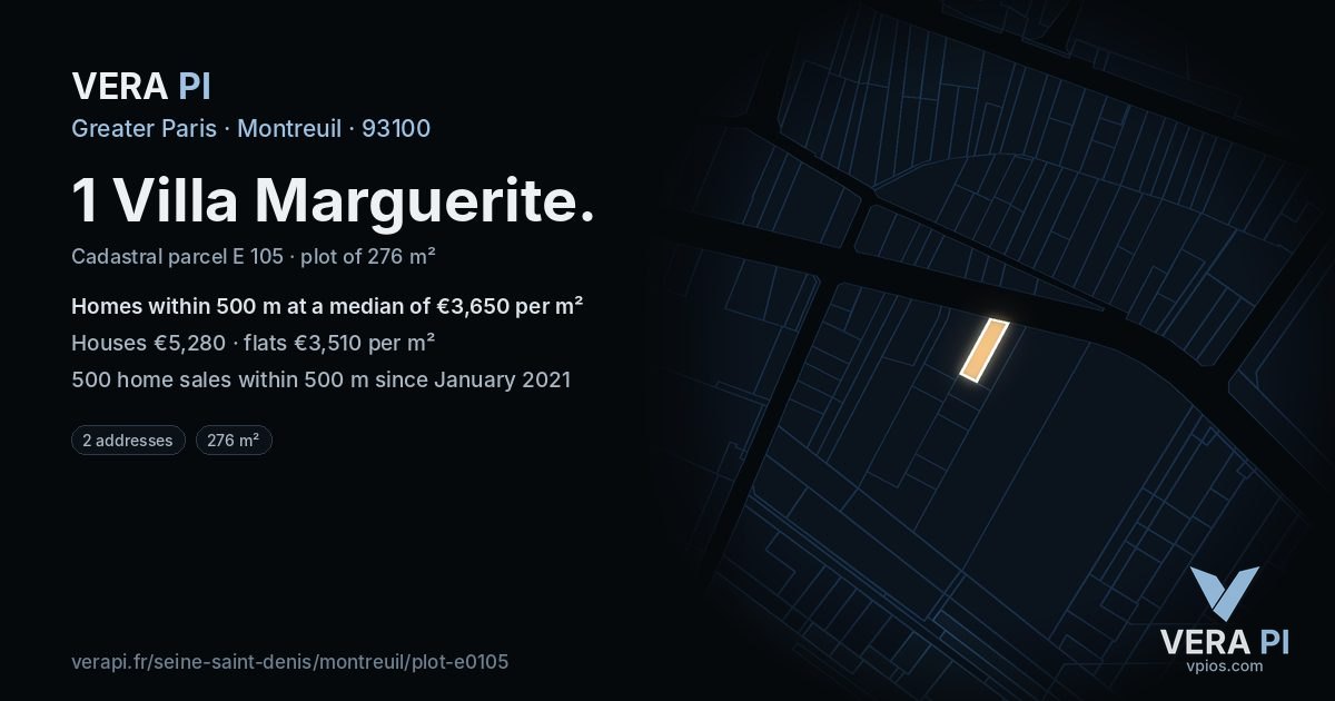 1 Villa Marguerite, Montreuil at night – the plot lit, the parcels around coloured by the prices near them