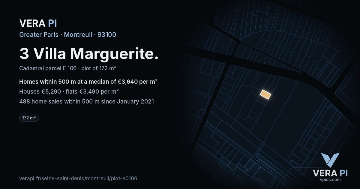 3 Villa Marguerite, Montreuil at night – the plot lit, the parcels around coloured by the prices near them