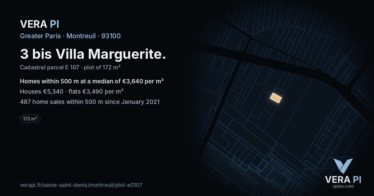 3 bis Villa Marguerite, Montreuil at night – the plot lit, the parcels around coloured by the prices near them