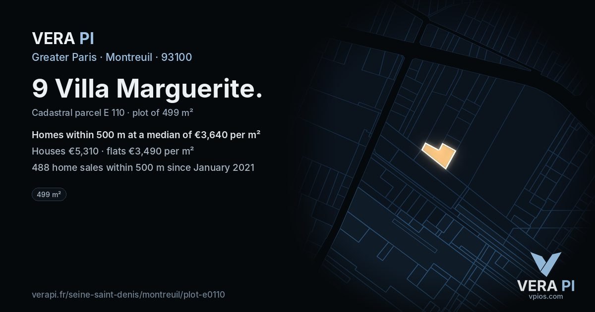 9 Villa Marguerite, Montreuil at night – the plot lit, the parcels around coloured by the prices near them