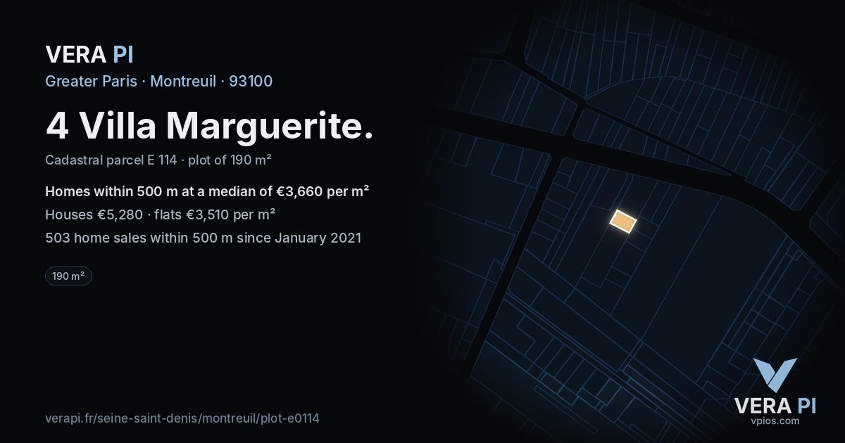 4 Villa Marguerite, Montreuil at night – the plot lit, the parcels around coloured by the prices near them