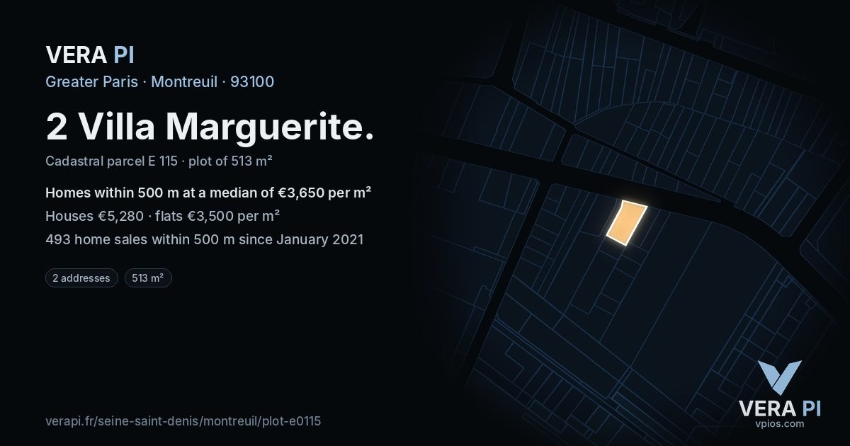 2 Villa Marguerite, Montreuil at night – the plot lit, the parcels around coloured by the prices near them