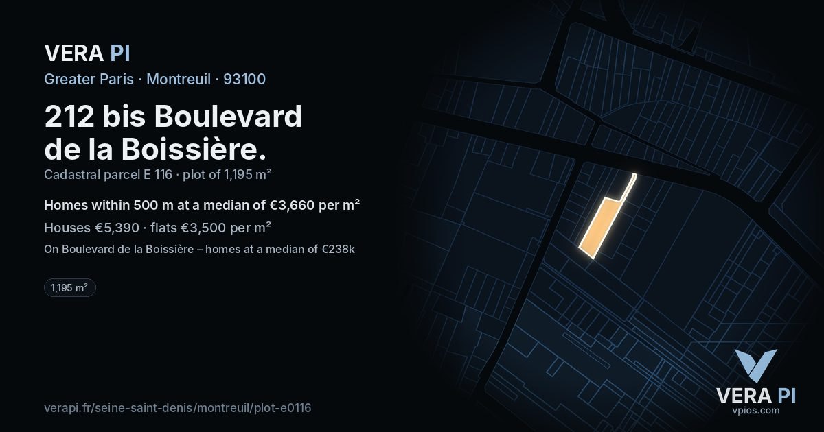 212 bis Boulevard de la Boissière, Montreuil at night – the plot lit, the parcels around coloured by the prices near them