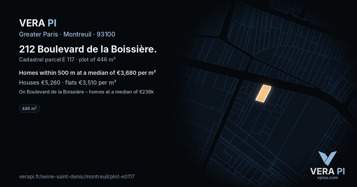 212 Boulevard de la Boissière, Montreuil at night – the plot lit, the parcels around coloured by the prices near them