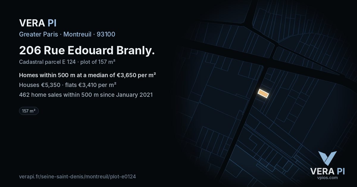 206 Rue Edouard Branly, Montreuil at night – the plot lit, the parcels around coloured by the prices near them