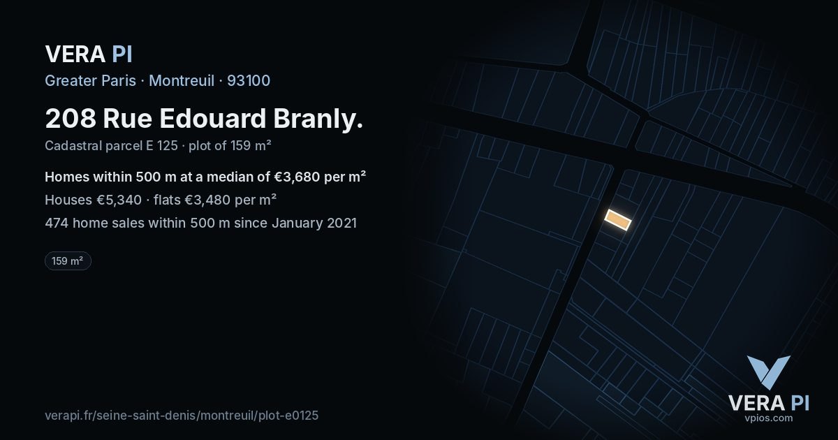 208 Rue Edouard Branly, Montreuil at night – the plot lit, the parcels around coloured by the prices near them