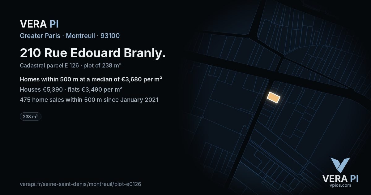 210 Rue Edouard Branly, Montreuil at night – the plot lit, the parcels around coloured by the prices near them