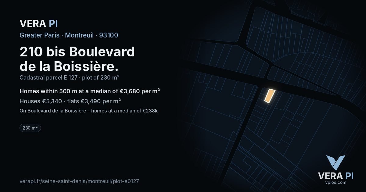 210 bis Boulevard de la Boissière, Montreuil at night – the plot lit, the parcels around coloured by the prices near them