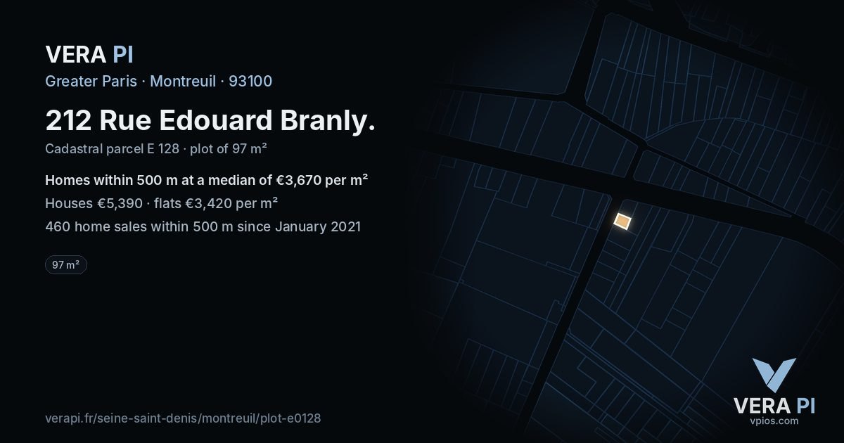 212 Rue Edouard Branly, Montreuil at night – the plot lit, the parcels around coloured by the prices near them