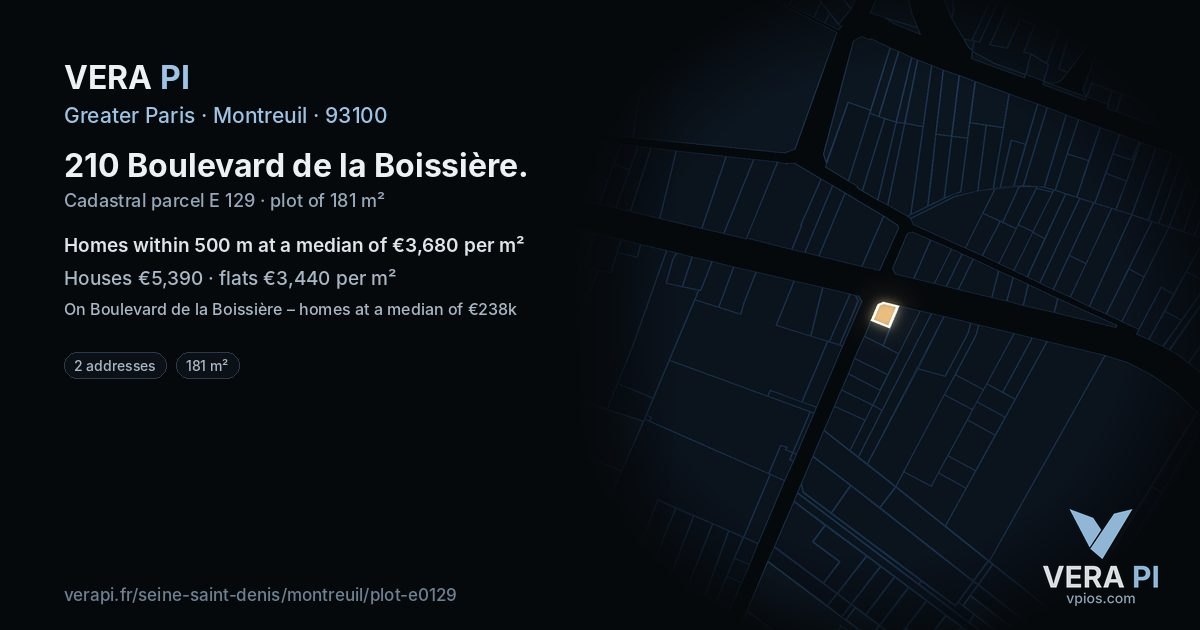210 Boulevard de la Boissière, Montreuil at night – the plot lit, the parcels around coloured by the prices near them