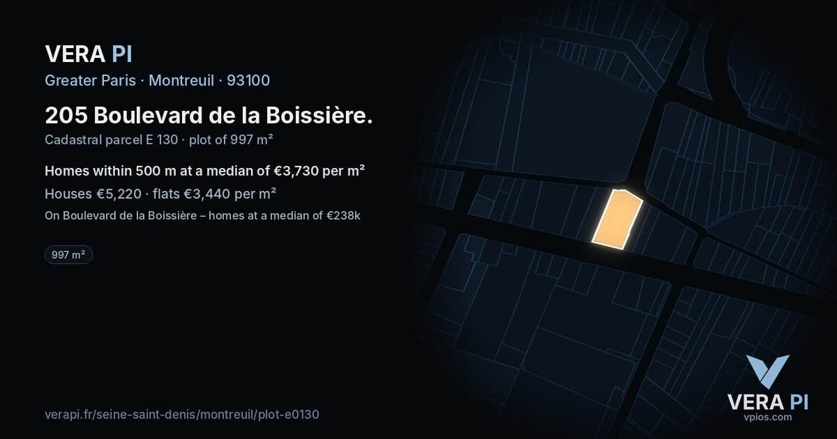 205 Boulevard de la Boissière, Montreuil at night – the plot lit, the parcels around coloured by the prices near them