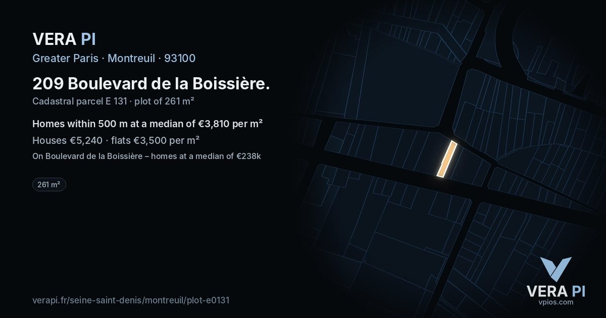 209 Boulevard de la Boissière, Montreuil at night – the plot lit, the parcels around coloured by the prices near them