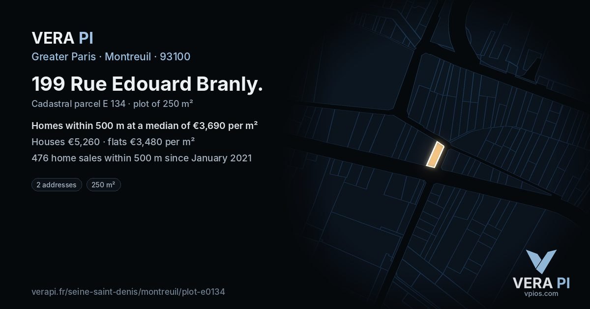 199 Rue Edouard Branly, Montreuil at night – the plot lit, the parcels around coloured by the prices near them