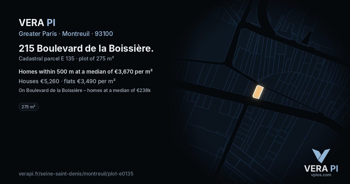 215 Boulevard de la Boissière, Montreuil at night – the plot lit, the parcels around coloured by the prices near them